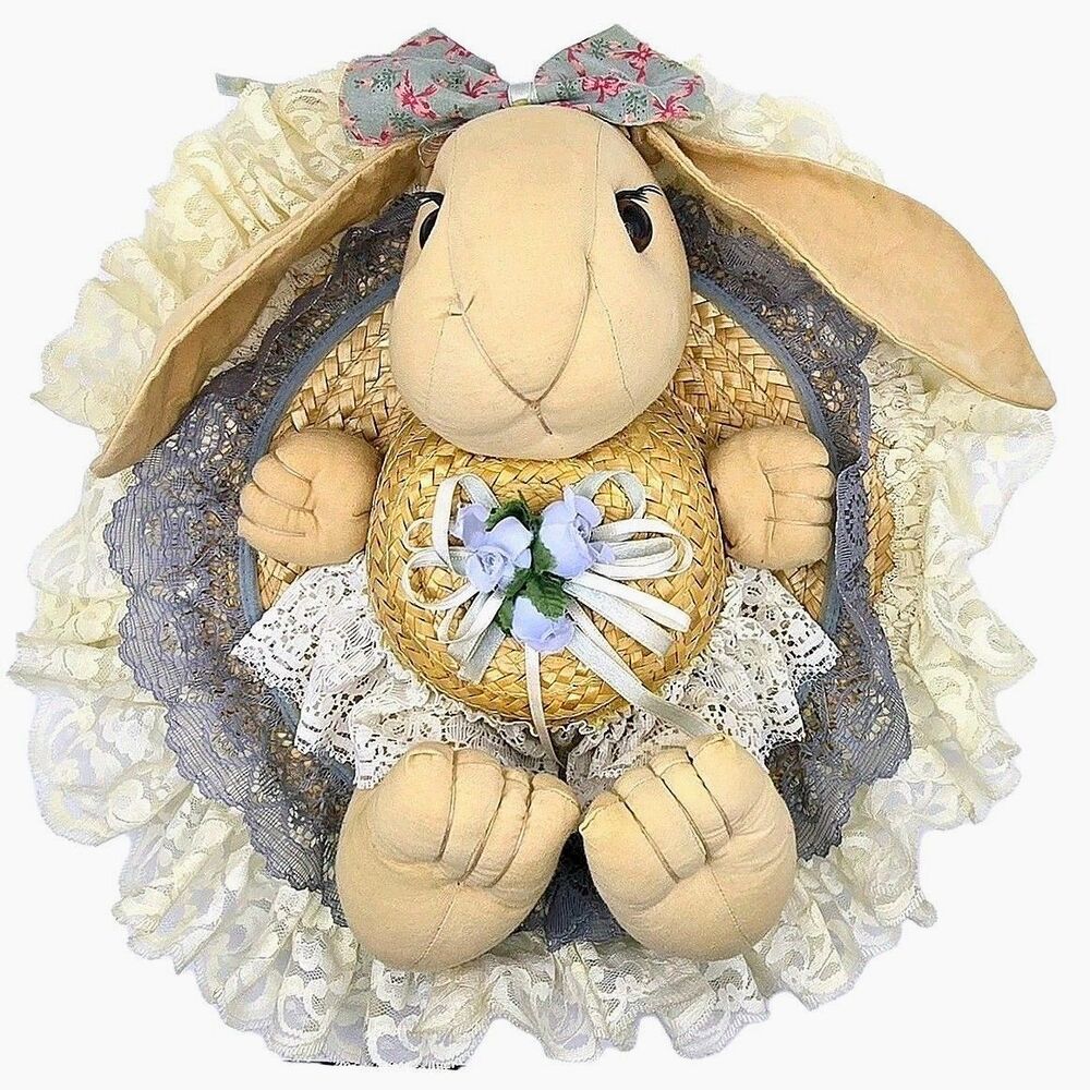 Vintage 1990s Bunny Rabbit Straw Hat Wall Hanging Lace Cottagecore Decor 14"